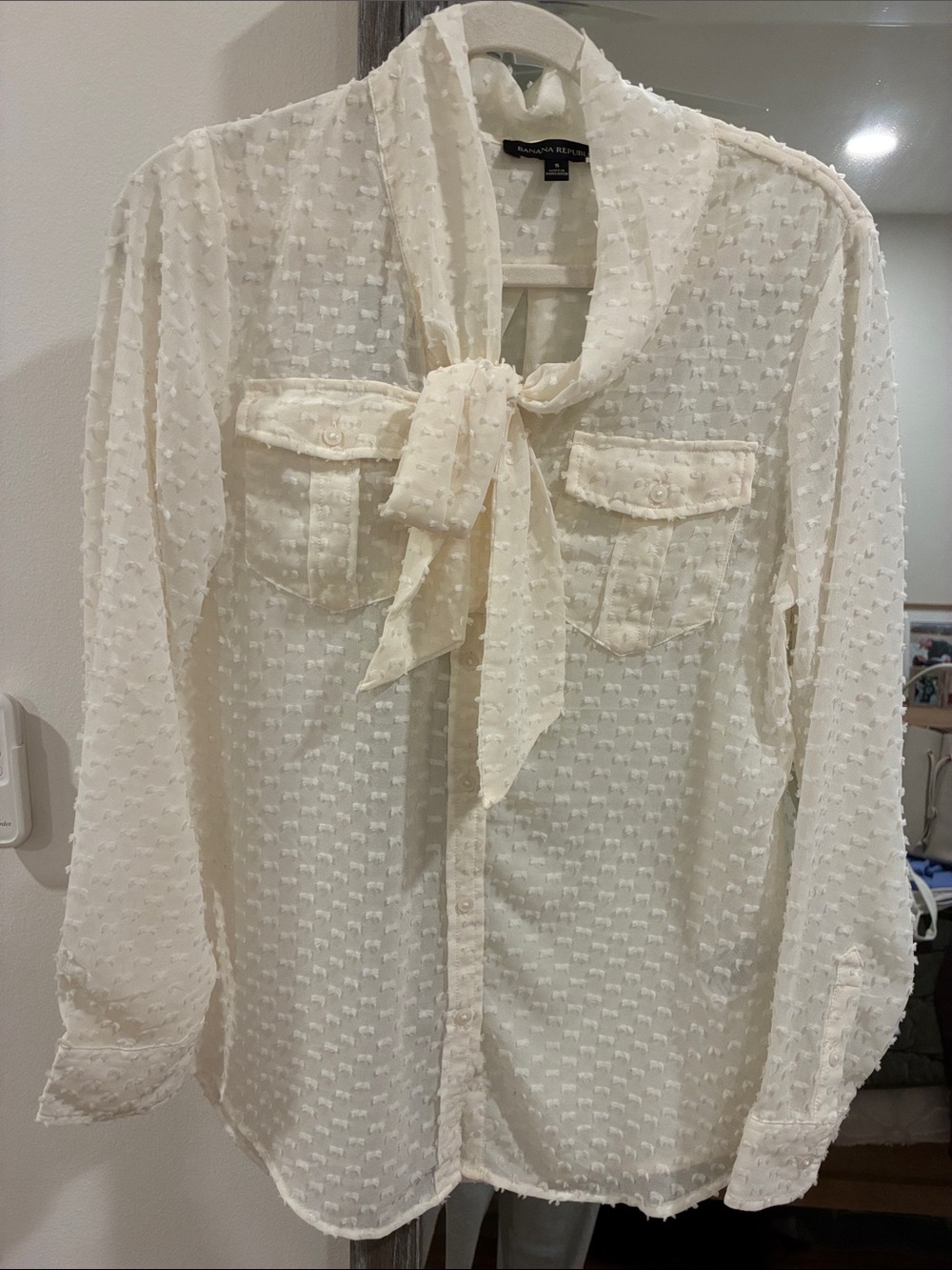 Banana Republic Cream Swiss Dot Tie-Neck Sheer Blouse